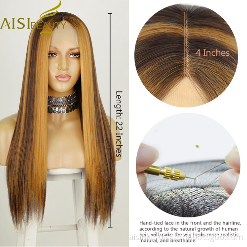 Aisi Beauty wholsale premium soft straight blonde mix brown cheap fiber synthetic hair wigs with highlights lace front